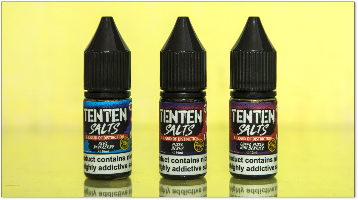 TenTen Salts Range Blue Raspberry, Mixed Berry, and Grape with mixed berries