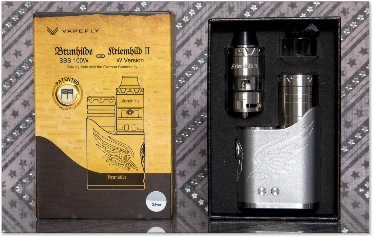 Vapefly Brunhilde SBS 100W and Kriemhild II Kit box details