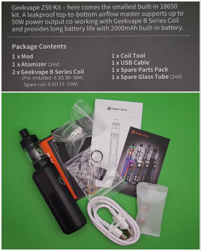 Geekvape Z50 kit specs and contents
