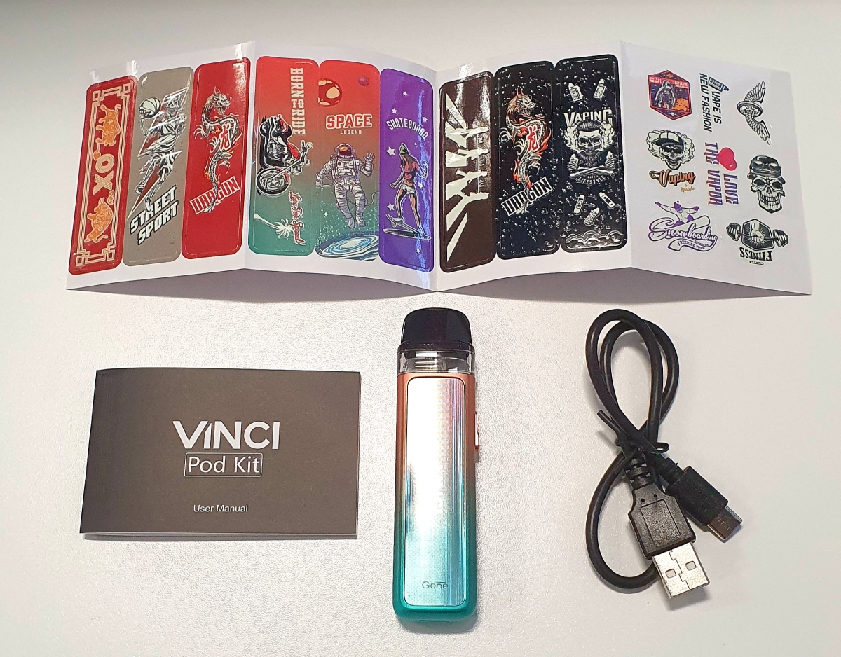 VOOPOO Vinci Pod Kit contents and stickers