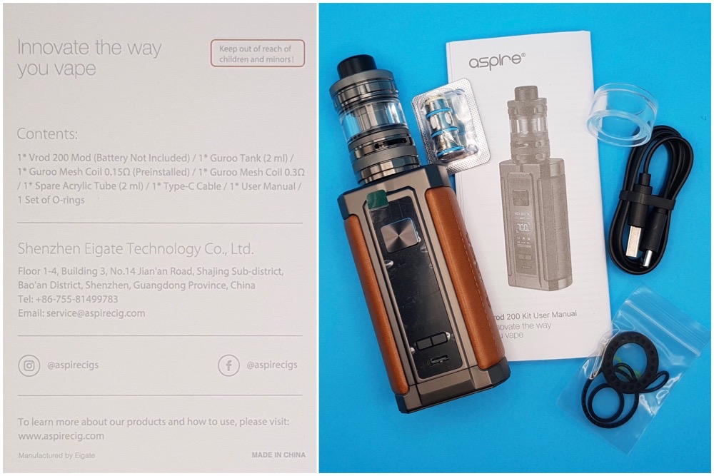 Aspire Vrod 200 kit box and contents