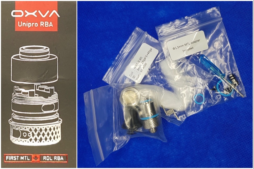 OXVA Velocity 2 in 1 kit RBA packaging and contents