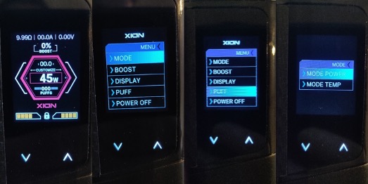 Council of Vapour Xion Sub Ohm kit screen and menu