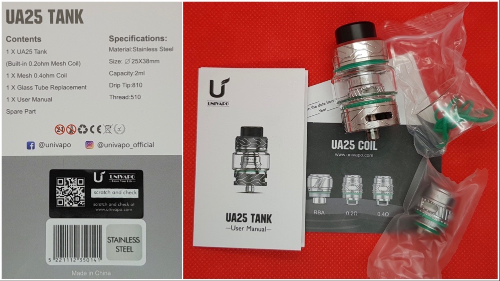 Univapo UA25 tank contents and specs