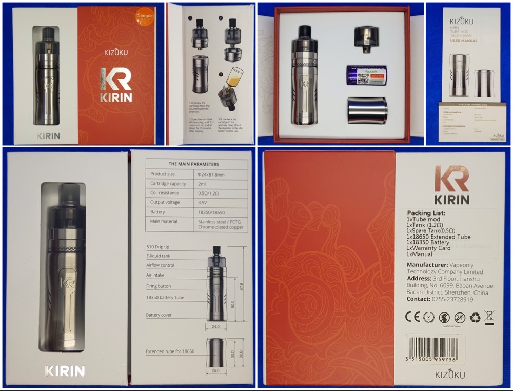 The Kiz0ku Kirin mtl pod kit packaging